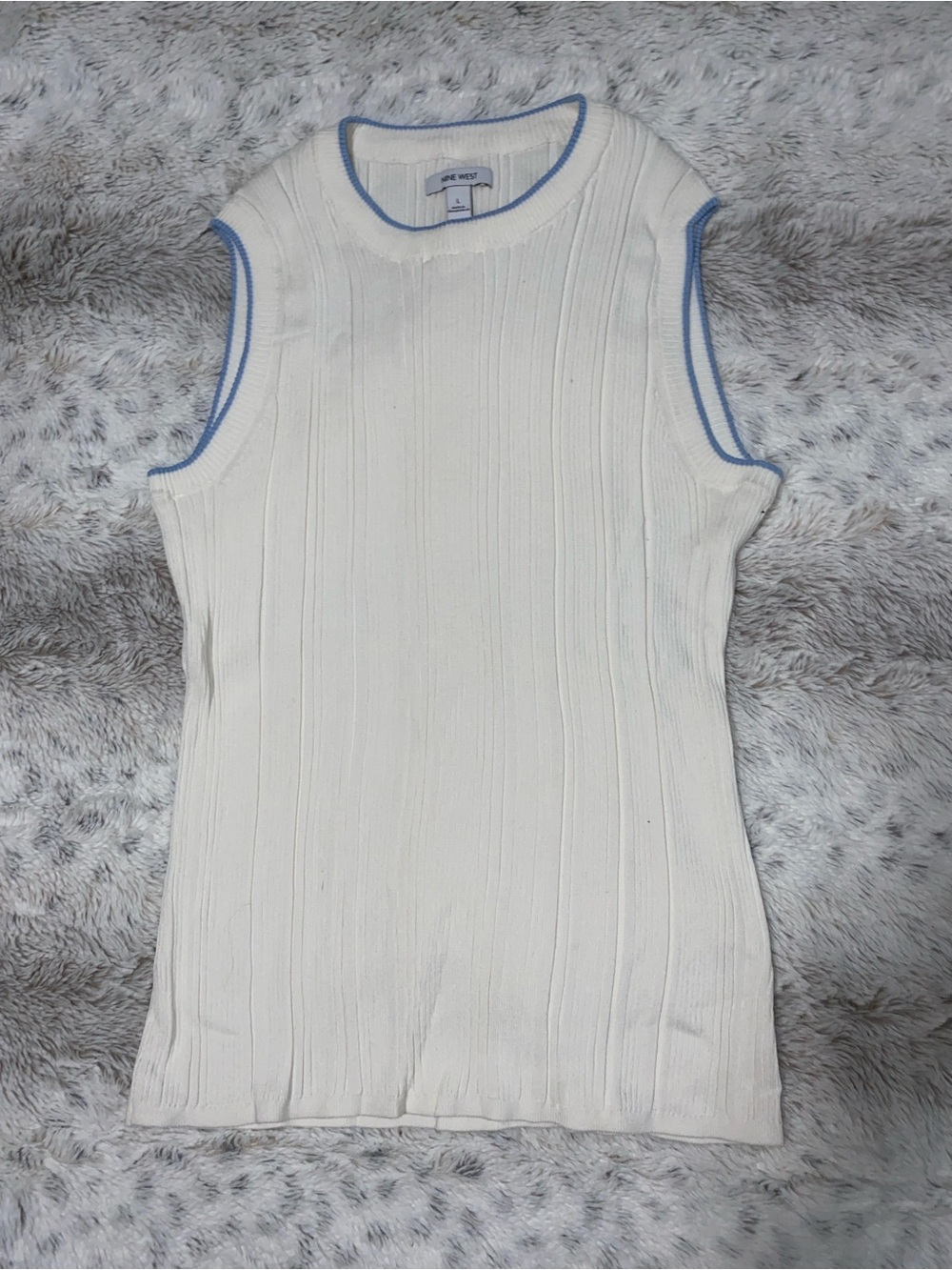 Nine West Cream Ribbed Sleeveless Tank with Blue Trim
